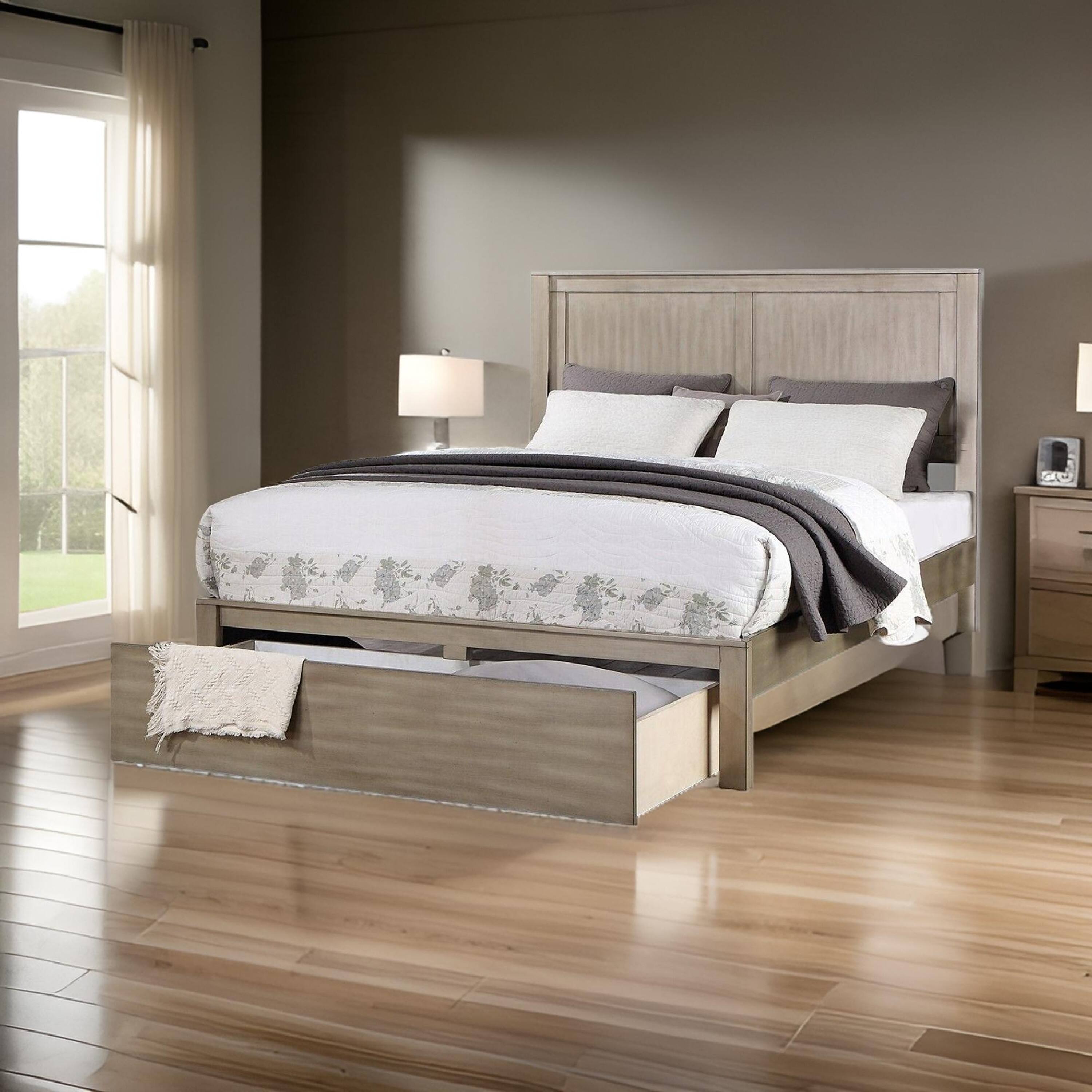Alt View 5. Manhattan Lane - Kali Platform California King Bed, Panel Design, Storage Drawer - Light Brown.