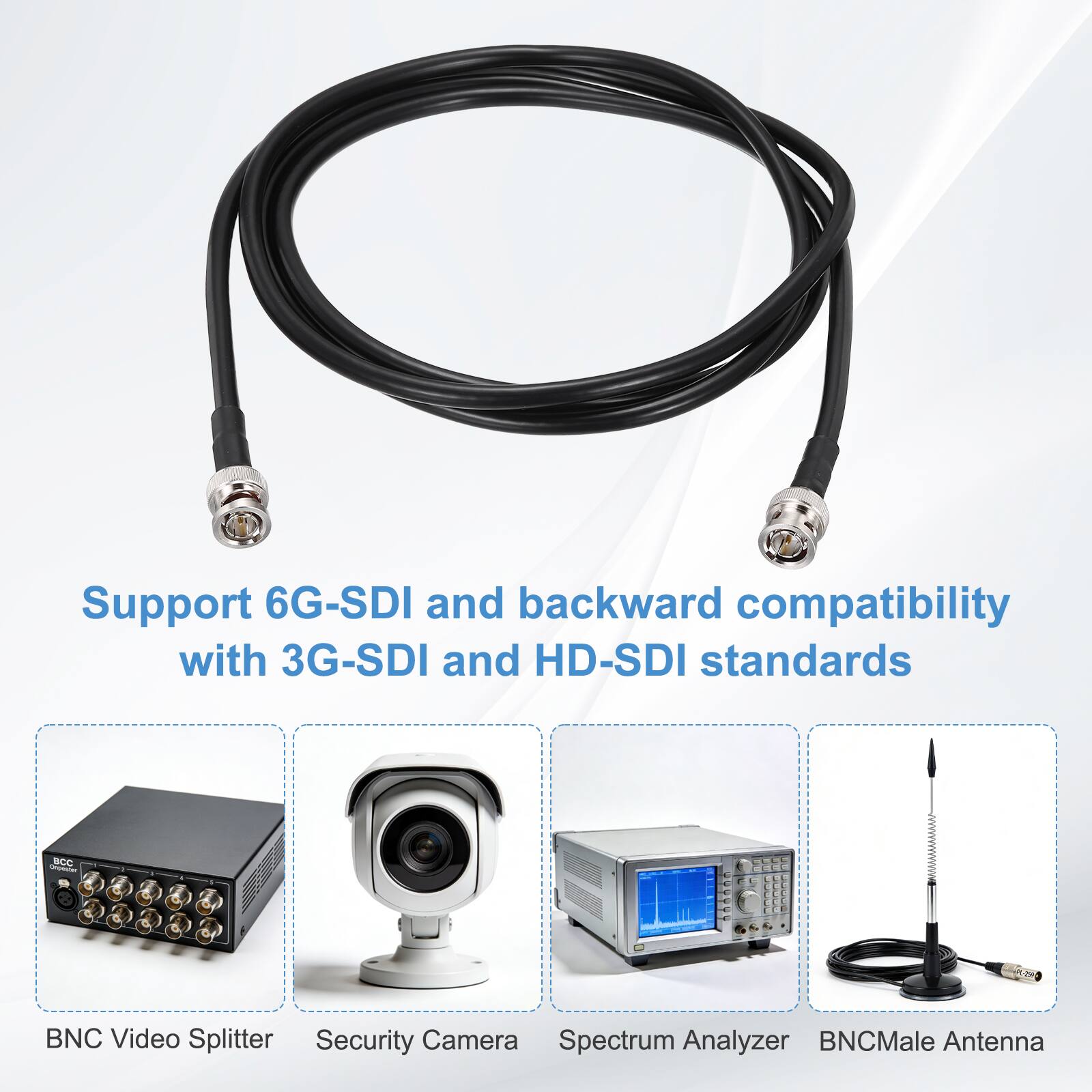 Support 6G-SDI and backward compatibility with 3G-SDI and HD-SDI standards

- BNC Video Splitter
- Security Camera
- Spectrum Analyzer
- BNC Male Antenna