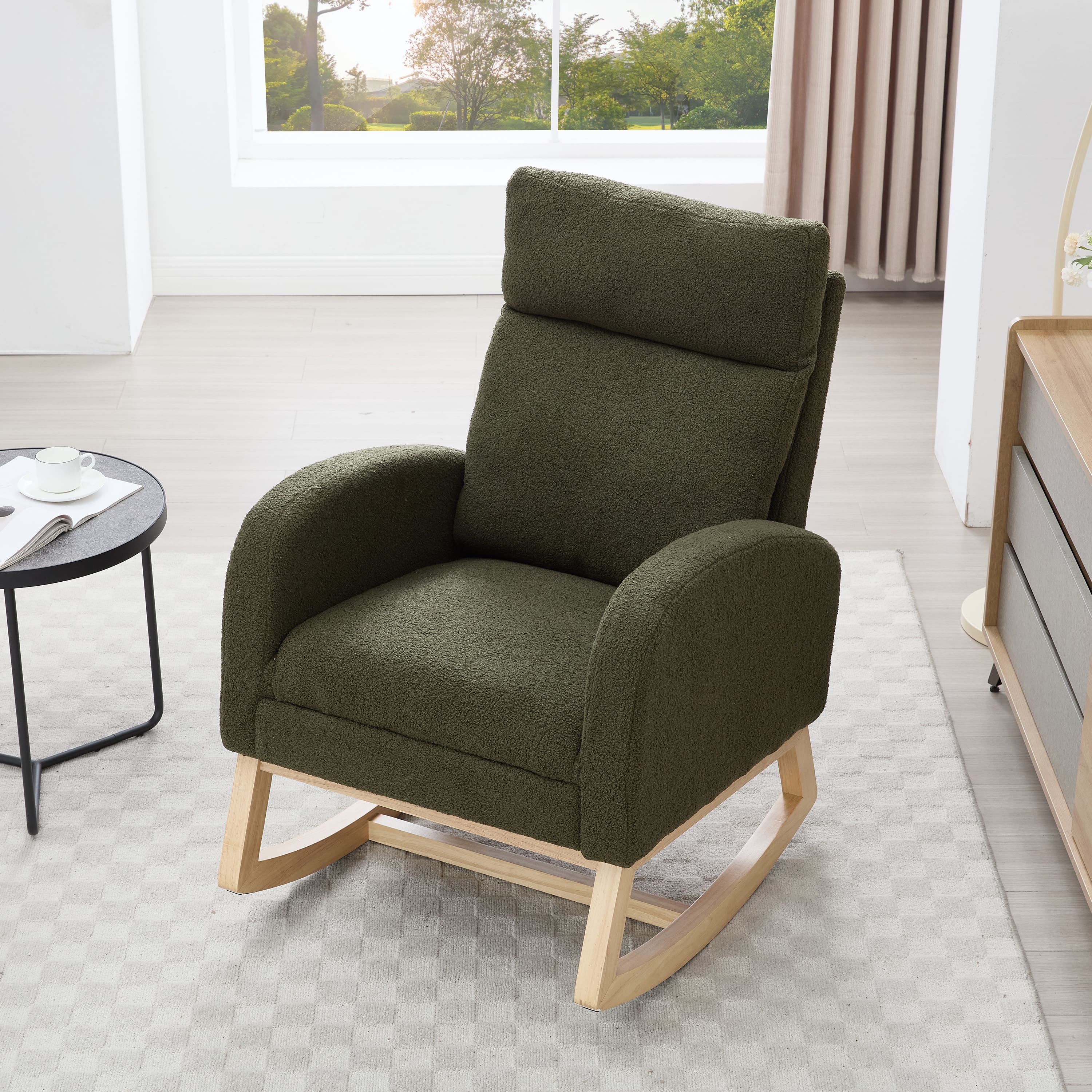 Anysun - Teddy Fabric Rocking Chair with Adjustable Footstool - Thickened Headrest, High Back, Storage Pocket, Solid Wood Base - Green