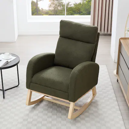 Front. Anysun - Teddy Fabric Rocking Chair with Adjustable Footstool - Thickened Headrest, High Back, Storage Pocket, Solid Wood Base - Green.