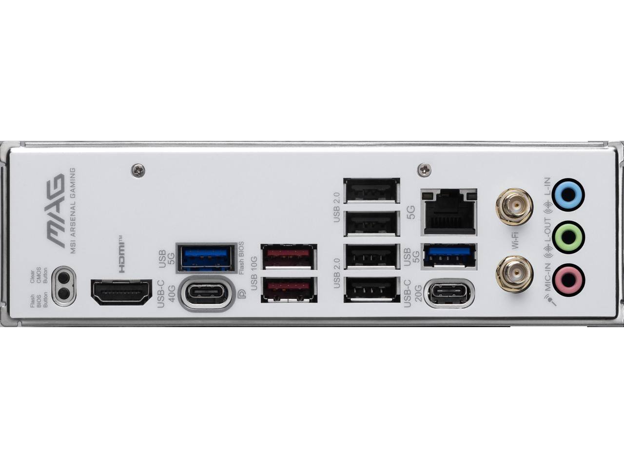 MSI ARSENAL GAMING  
HOMI  
Clear CMOS Button  
Flash BIOS Button  
USB 2.0  
USB 2.0  
USB 5G  
USB-C 40G  
USB 5G  
USB-C 20G  
Wi-Fi  
L-IN  
L-OUT  
MIC-IN