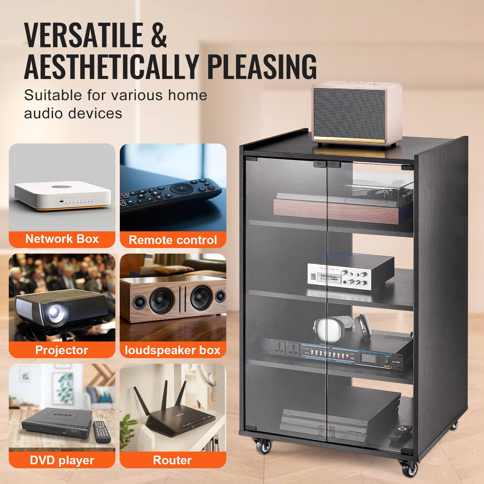 VERSATILE & AESTHETICALLY PLEASING  
Suitable for various home audio devices  

- Network Box  
- Remote control  
- Projector  
- Loudspeaker box  
- DVD player  
- Router