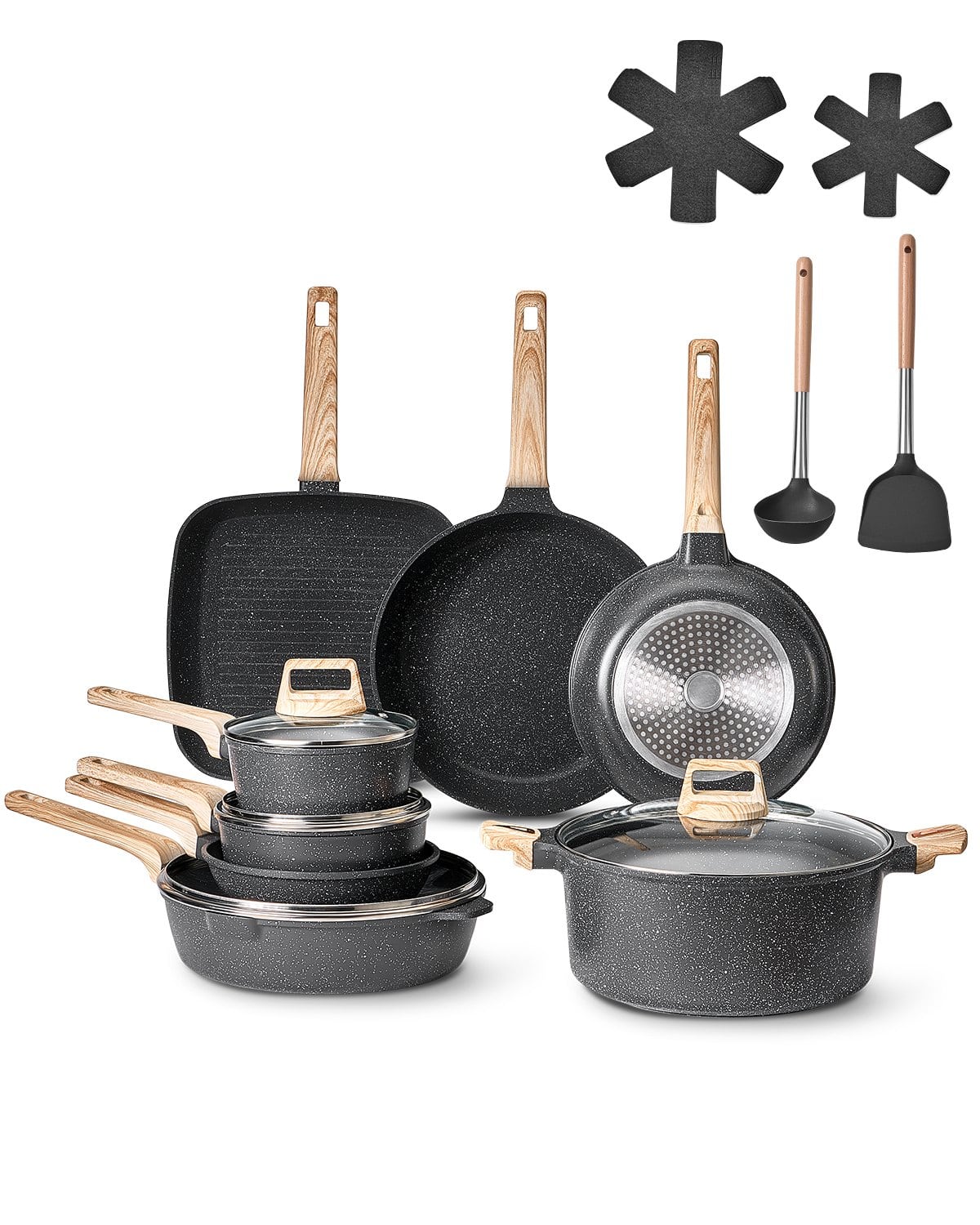 Front. Glintex - 19 Piece Pots and Pans Set Nonstick, Induction Cookware with Frying, Sauce, and Saute Pans for Kitchen Use - Black.