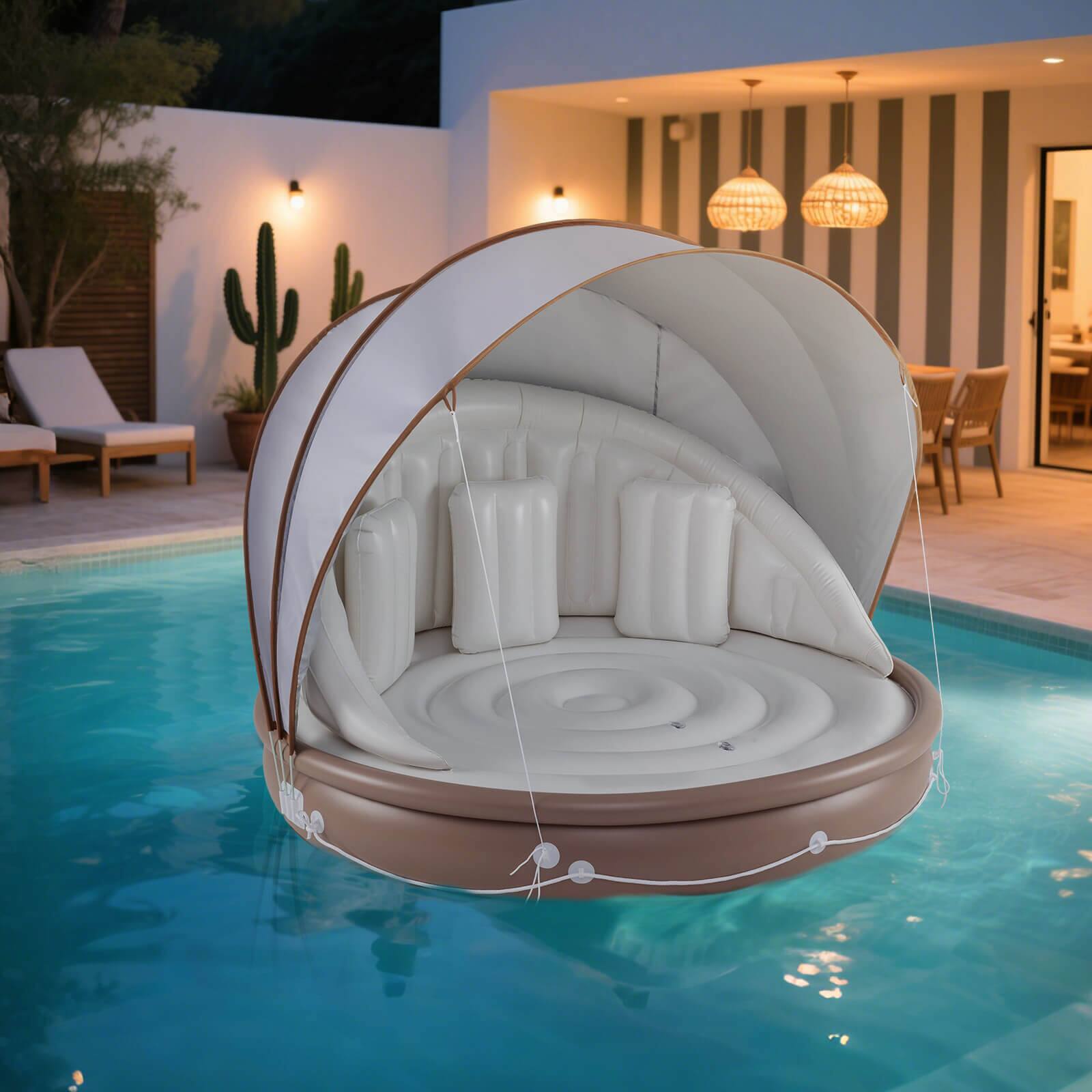 Alt View 4. Costway - Costway 73" Tanning Pool Lounger Float with Retractable & Removable Canopy SPF50+ - White + Brown + Silver.