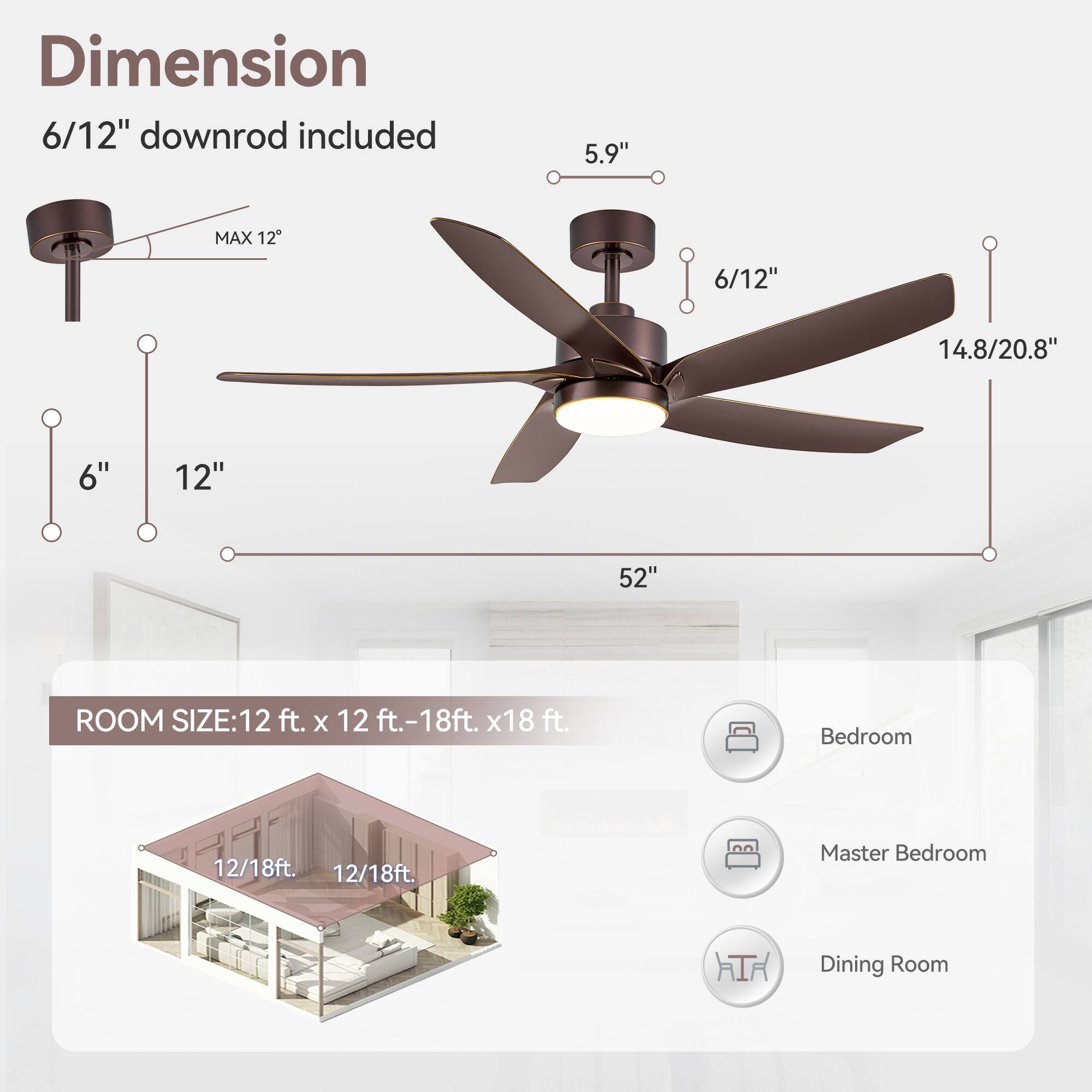 Dimension: 6/12" downrod included, 5.9", MAX 12, 6/12", 14.8/20.8", 6", 12", 52"

Room Size: 12 ft. x 12 ft.-18ft. x18 ft.

Bedroom: 12/18ft.

Master Bedroom: 12/18ft.

Dining Room