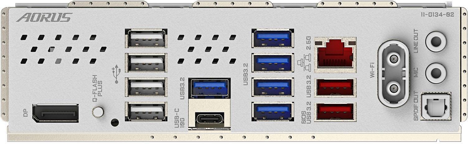 Aorus DP Q-Flash Plus USB3.2 USB-C 18G USB3.2 2.5G USB3.2 3.2 BIOS USB Wi-Fi 11-G134-02 OUT LINE MIC OUT SPDIF