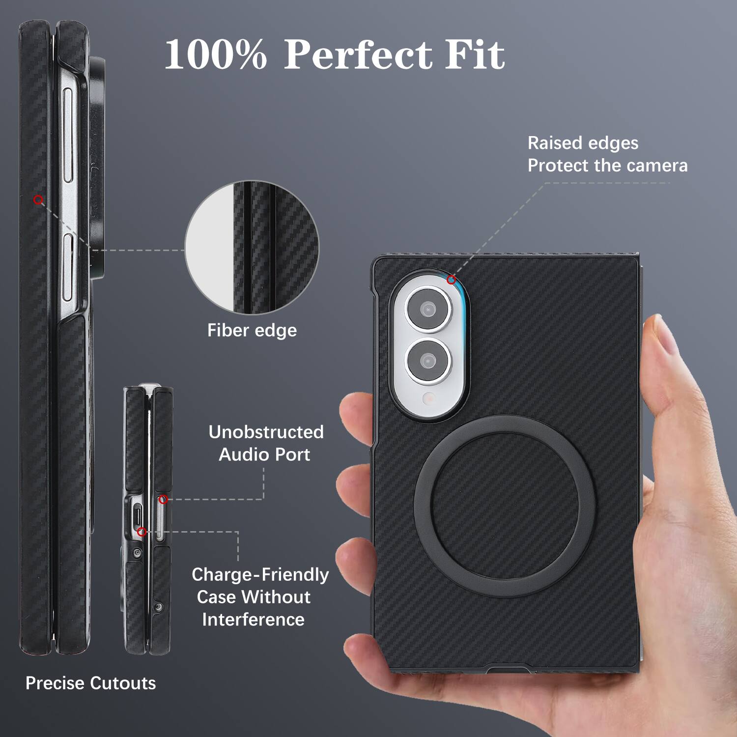 100% Perfect Fit  
Raised edges Protect the camera  
Fiber edge  
Unobstructed Audio Port  
Charge-Friendly Case Without Interference  
Precise Cutouts