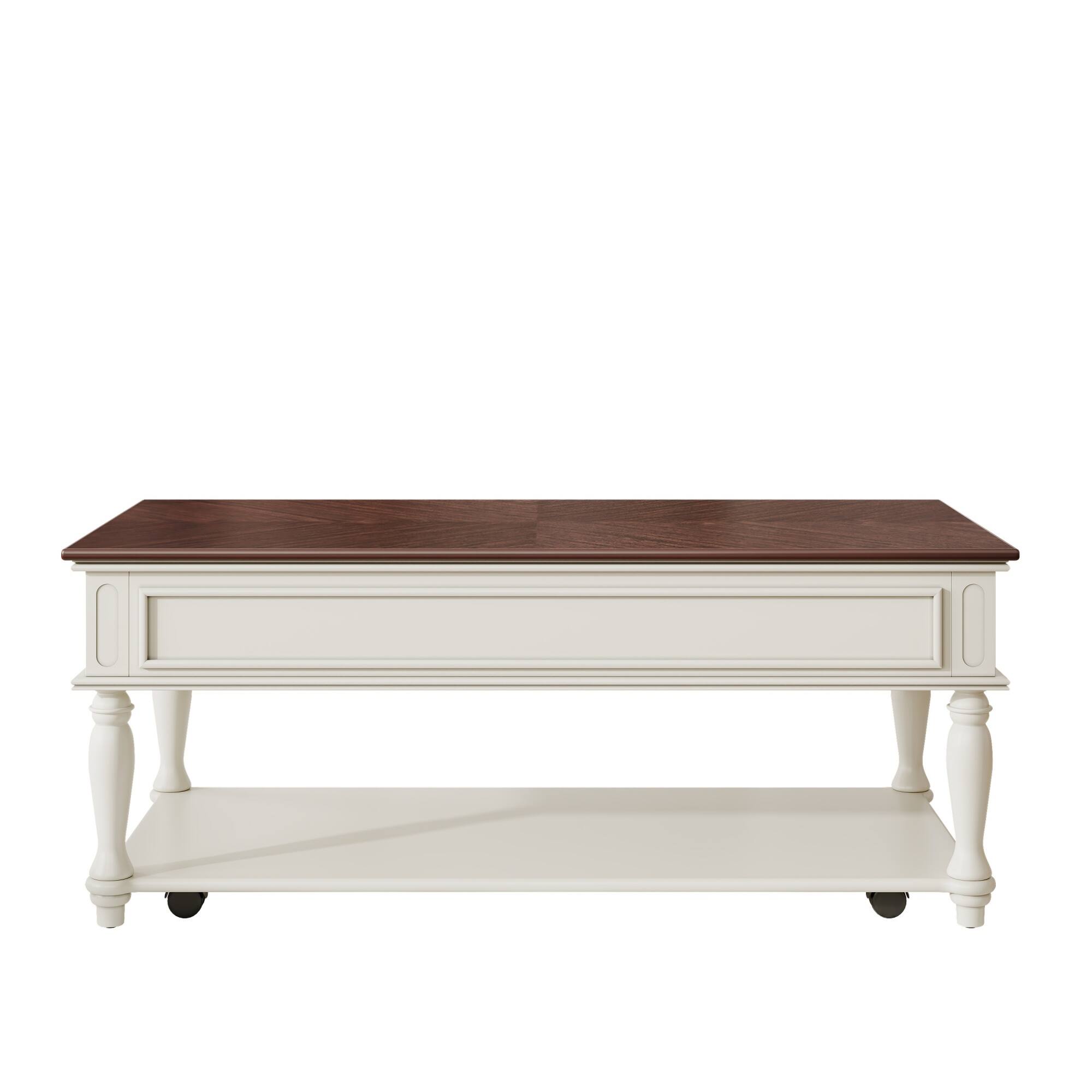 Alt View 7. Tiramisubest - Farmhouse Coffee Table with One Drawer,Retro Movable Rectangular Center Table with Lockable Wheels,Walnut+White - White+Walnut.