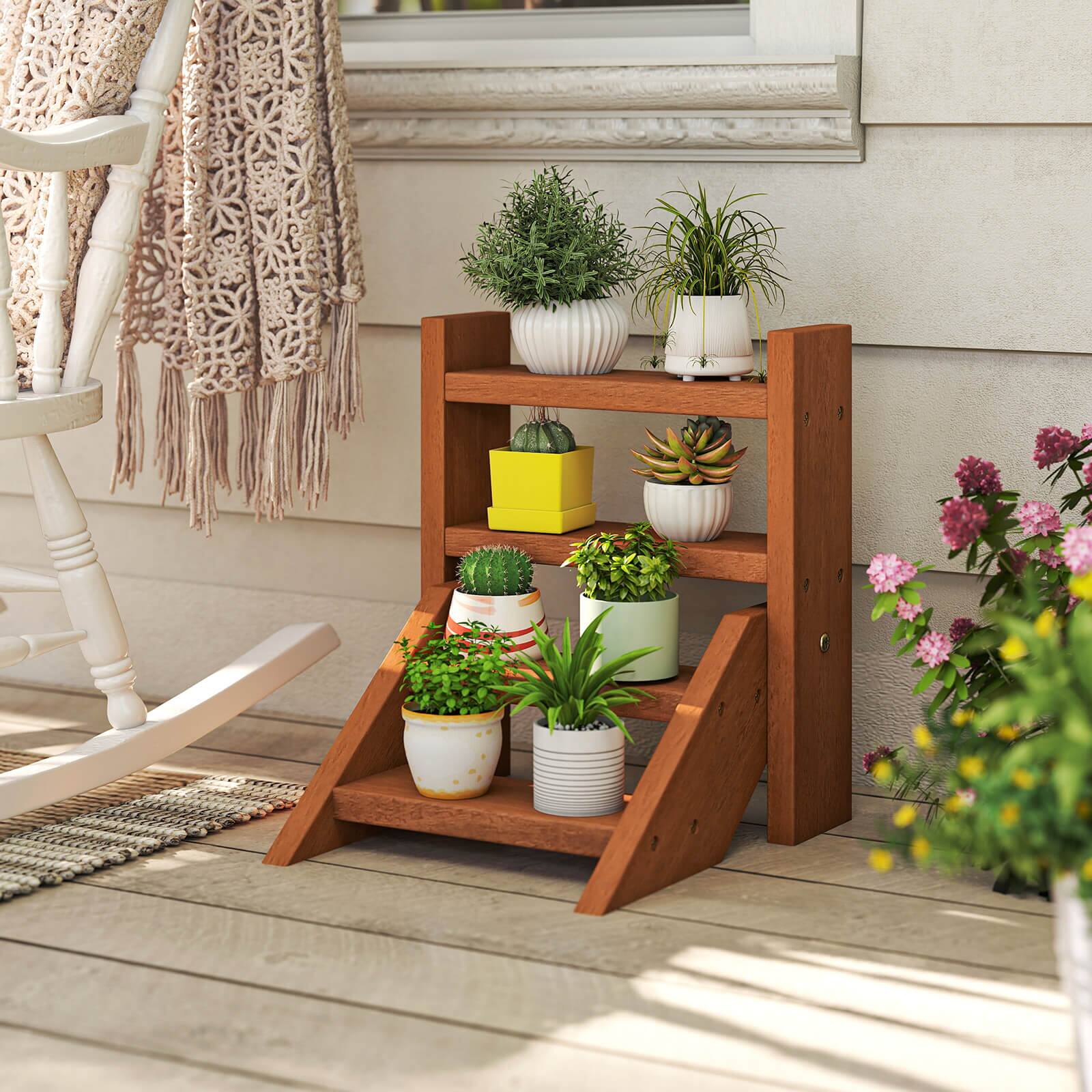 Alt View 5. Costway - Costway 4-Tier Wood Small Flowerpot Holder Plant Stand for Multiple Succulents Patio - Brown.