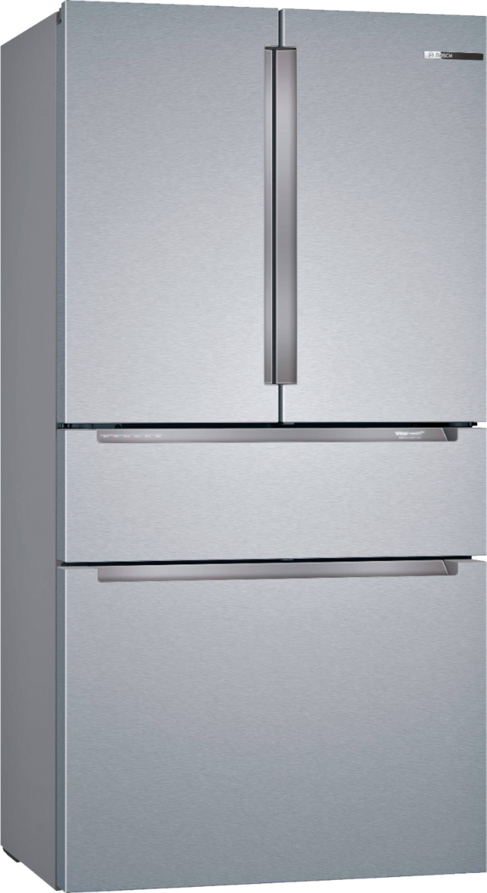 Angle. Bosch - 800 Series 20.5 Cu. Ft. 4-Door French Door Counter-Depth Smart Refrigerator - Stainless steel.