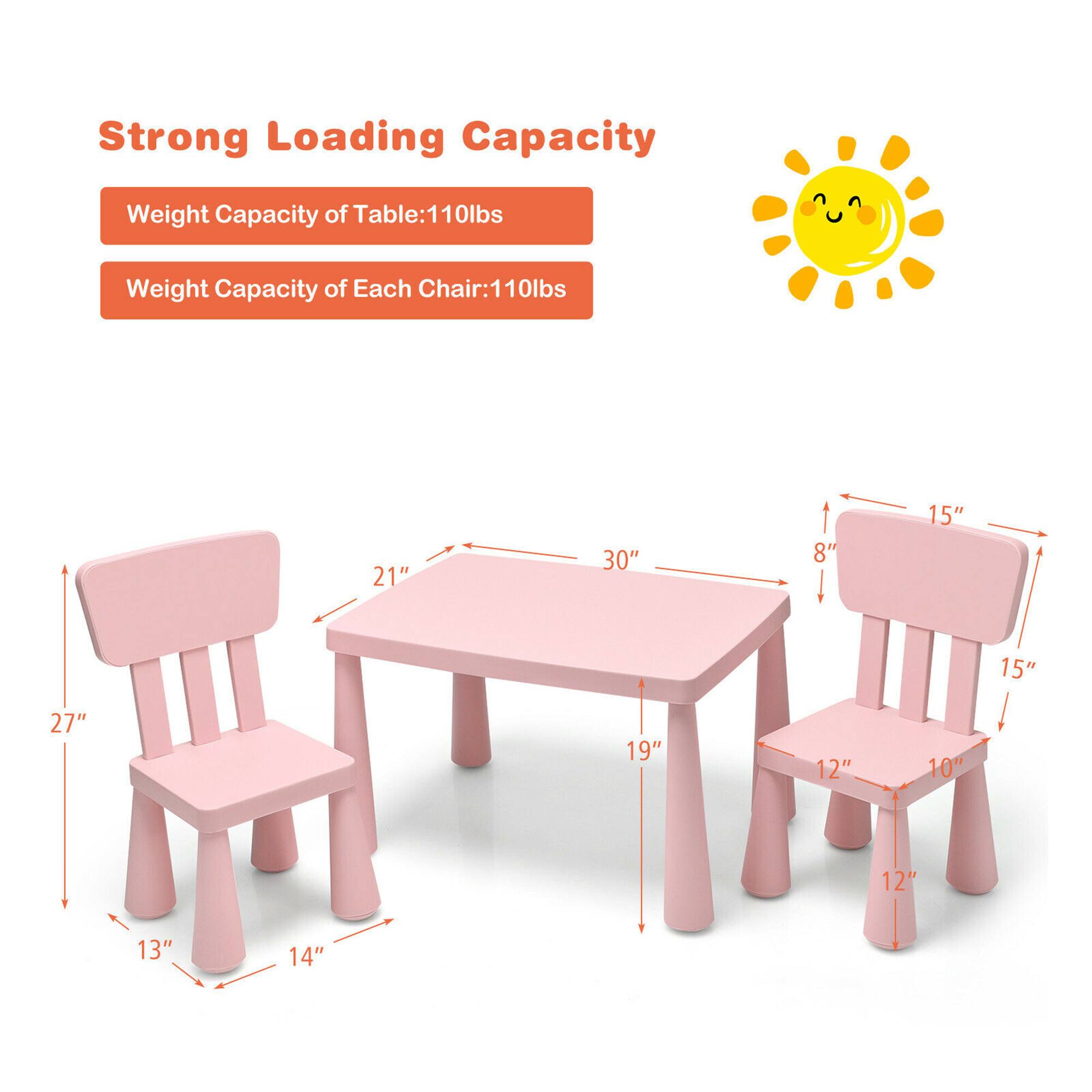Strong Loading Capacity
Weight Capacity of Table: 110lbs
Weight Capacity of Each Chair: 110lbs

21" 30" 8" 15" 15" 27" 19" 12" 10" 12" 13" 14"