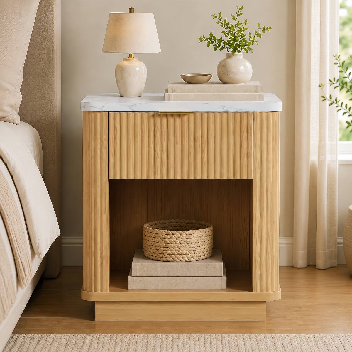 Back. Loheer - Loheer Fluted Nightstand with Drawer and Open Shelf, Natural Wood Look Bedroom Bedside Table - Natural.