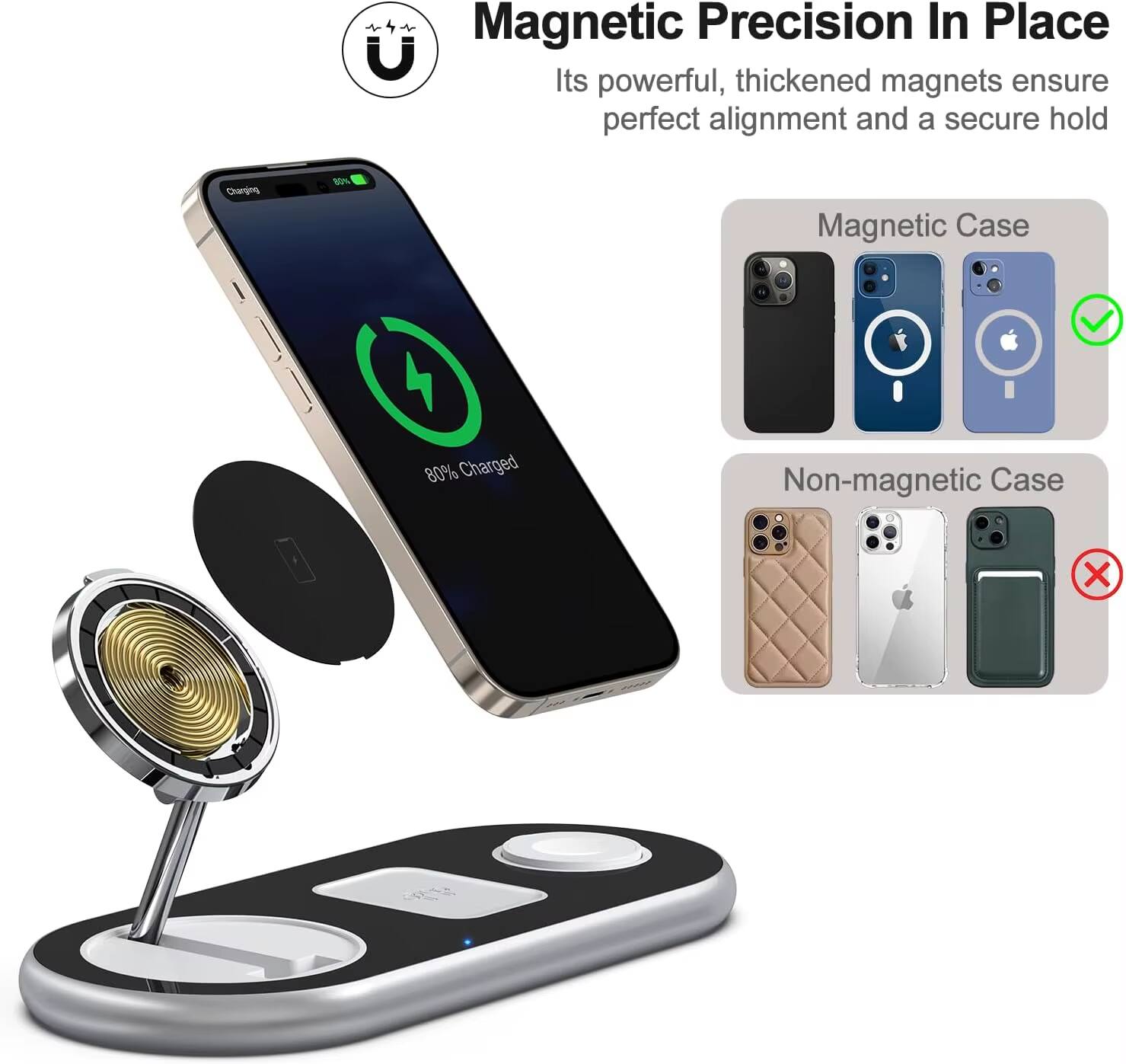 Magnetic Precision In Place  
Its powerful, thickened magnets ensure perfect alignment and a secure hold  

Charging  
80% Charged  

Magnetic Case  
Non-magnetic Case