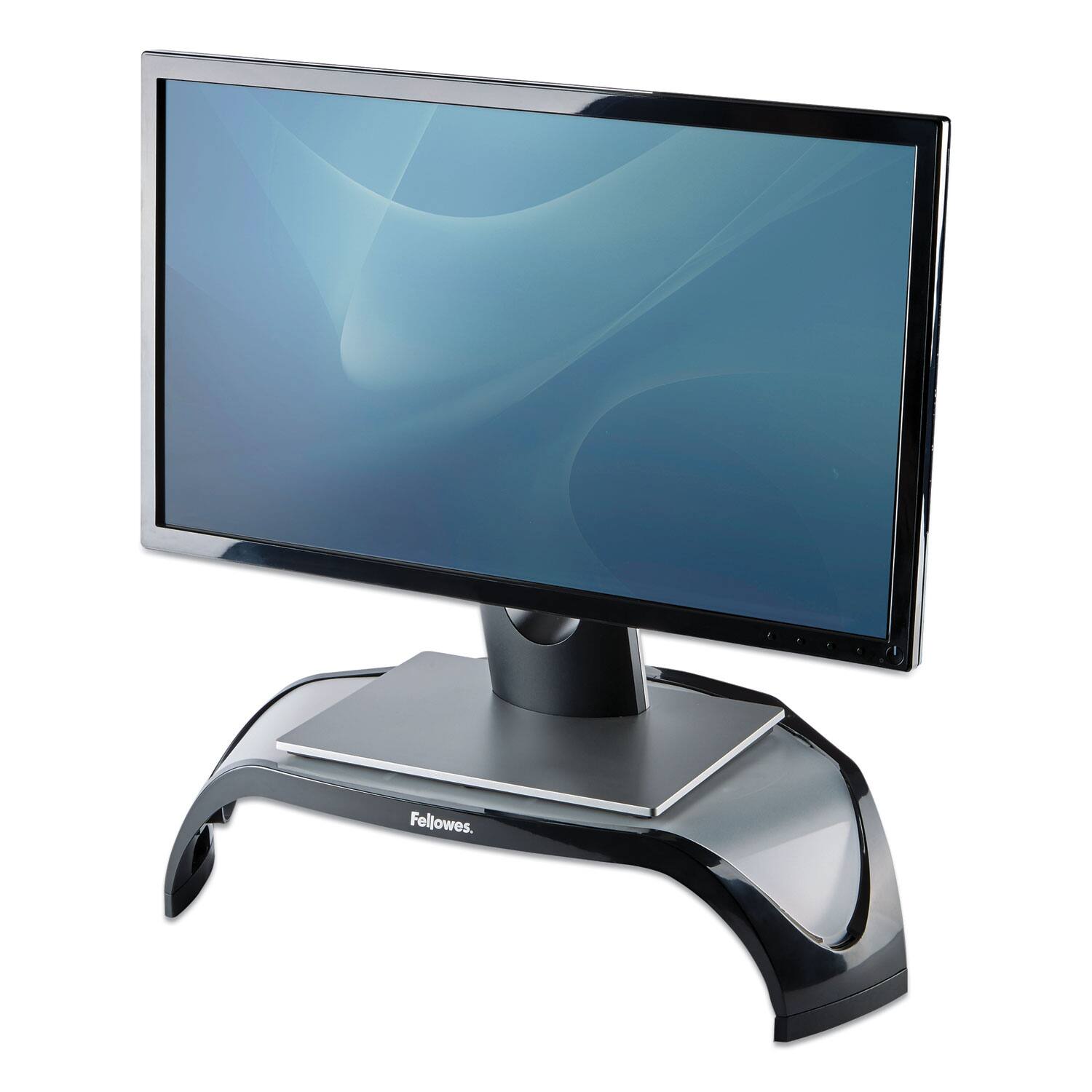 Angle. Fellowes - Smart Suites Corner Monitor Riser, For 21" Monitors, 18.5" X 12.5" X 3.88" To 5.13", Black/clear Frost, Supports 40 Lbs - Black|Clear.