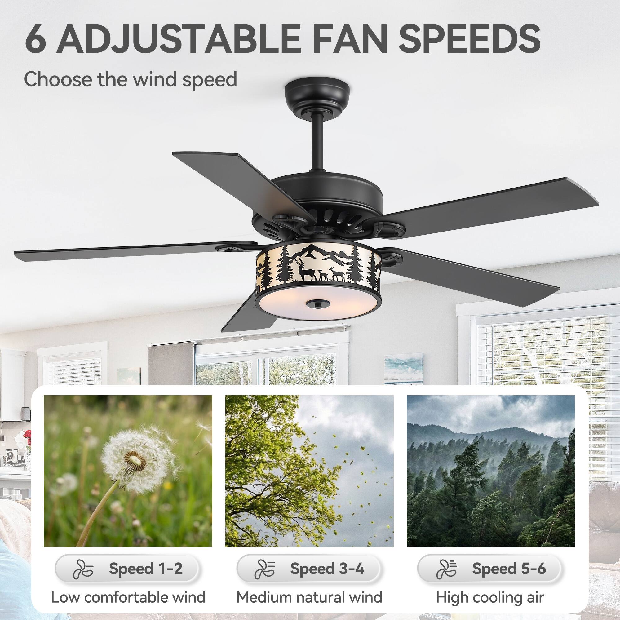 6 Adjustable Fan Speeds

Choose the wind speed

Speed 1-2: Low comfortable wind  
Speed 3-4: Medium natural wind  
Speed 5-6: High cooling air