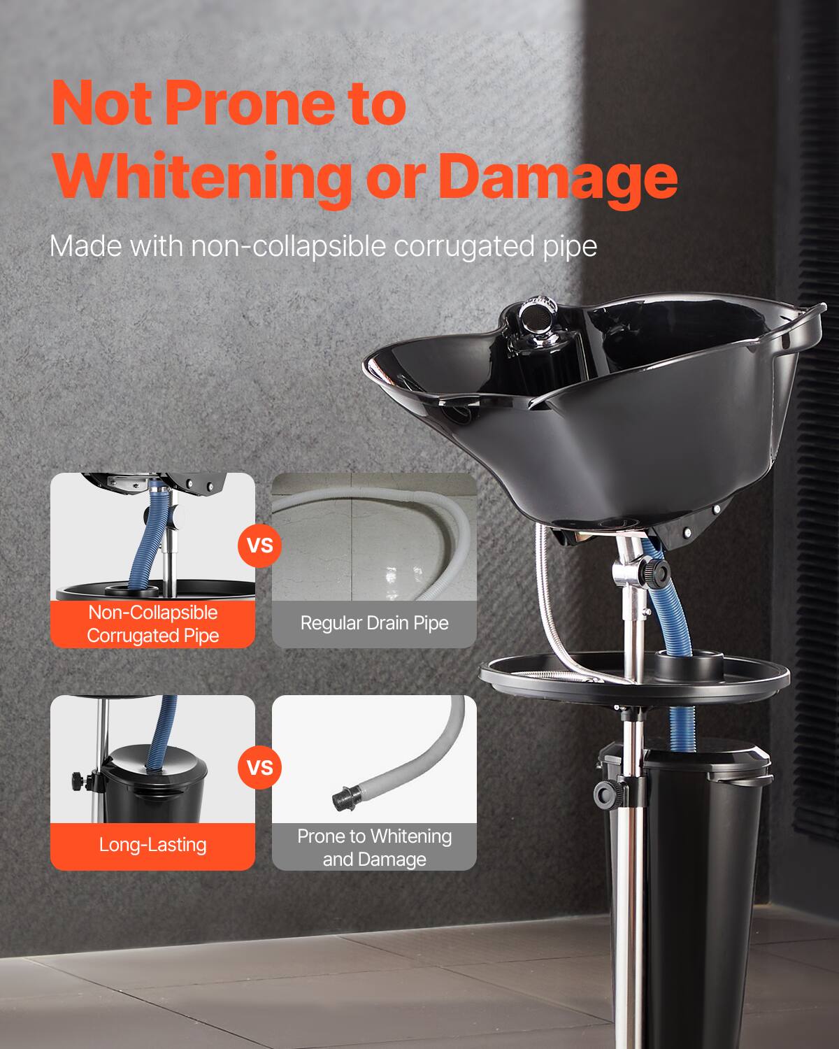 Not Prone to Whitening or Damage  
Made with non-collapsible corrugated pipe  

Non-Collapsible Corrugated Pipe  
VS  
Regular Drain Pipe  

Long-Lasting  
VS  
Prone to Whitening and Damage