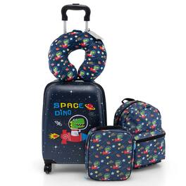 Costway - 5 PCS Kids Luggage Set with Backpack Neck Pillow Luggage Tag Lunch Bag Wheels - Dark Blue