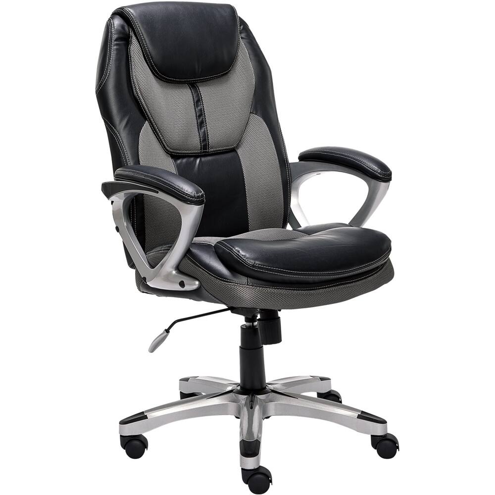 Left. Serta - Executive Office Chair with Ergonomic Lumbar Support Padded Arms Modern Computer Chair Swivel Leather and Mesh - Gray.