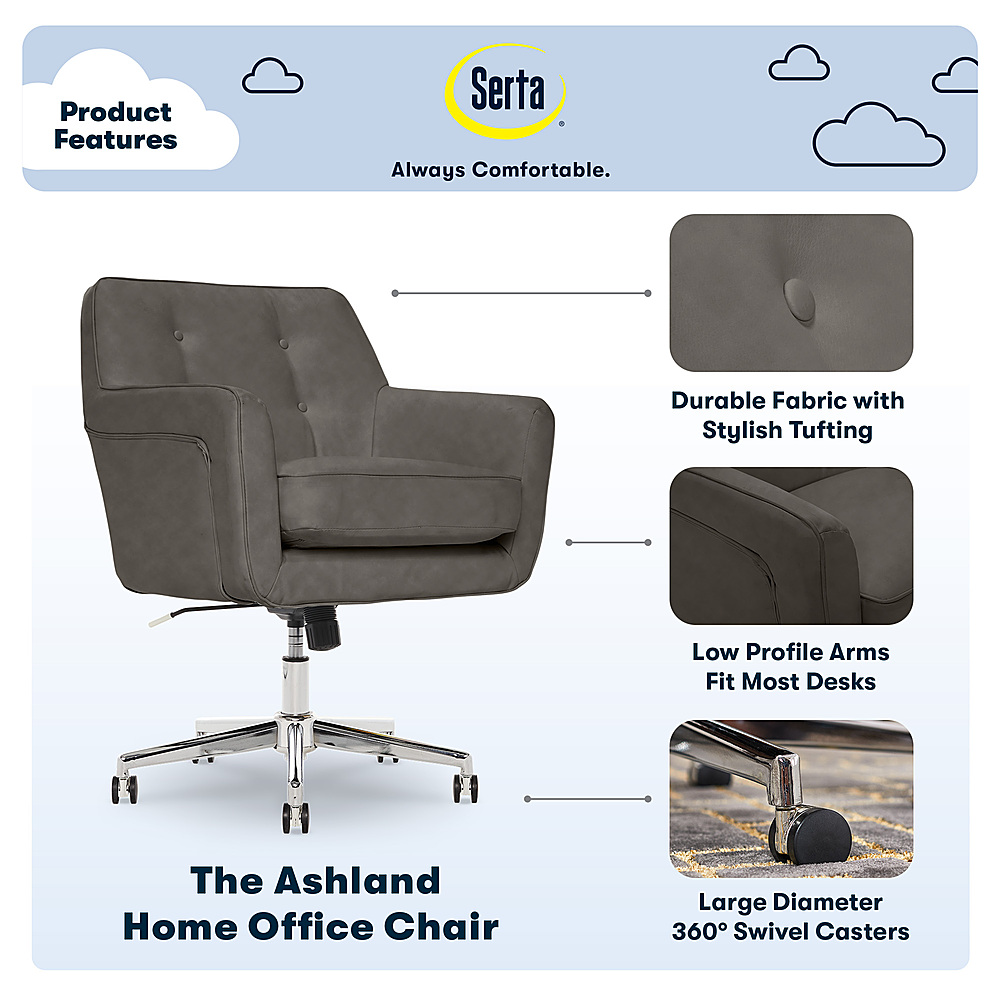 Left View: Serta - Ashland Bonded Leather & Memory Foam Home Office Chair - Gray