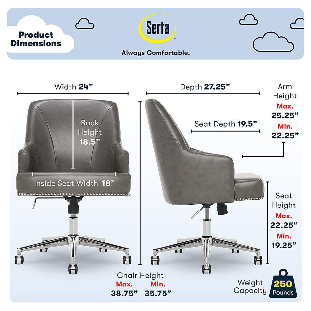 Left View: Serta - Leighton Modern Bonded Leather & Memory Foam Home Office Chair - Gray