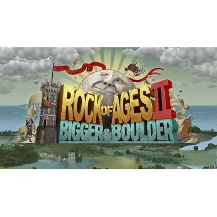 The image features a game called Rock of Ages II: Bigger & Boulder. The game is set in a medieval landscape with a castle and a large moon in the background. The game's title is displayed prominently, with the words "Rock of Ages II" and "Bigger & Boulder" written in large text. The image also includes several characters, such as a knight, a person holding a flag, and a person holding a bow and arrow, adding to the medieval atmosphere of the game. - E10+ (Everyone 10+)