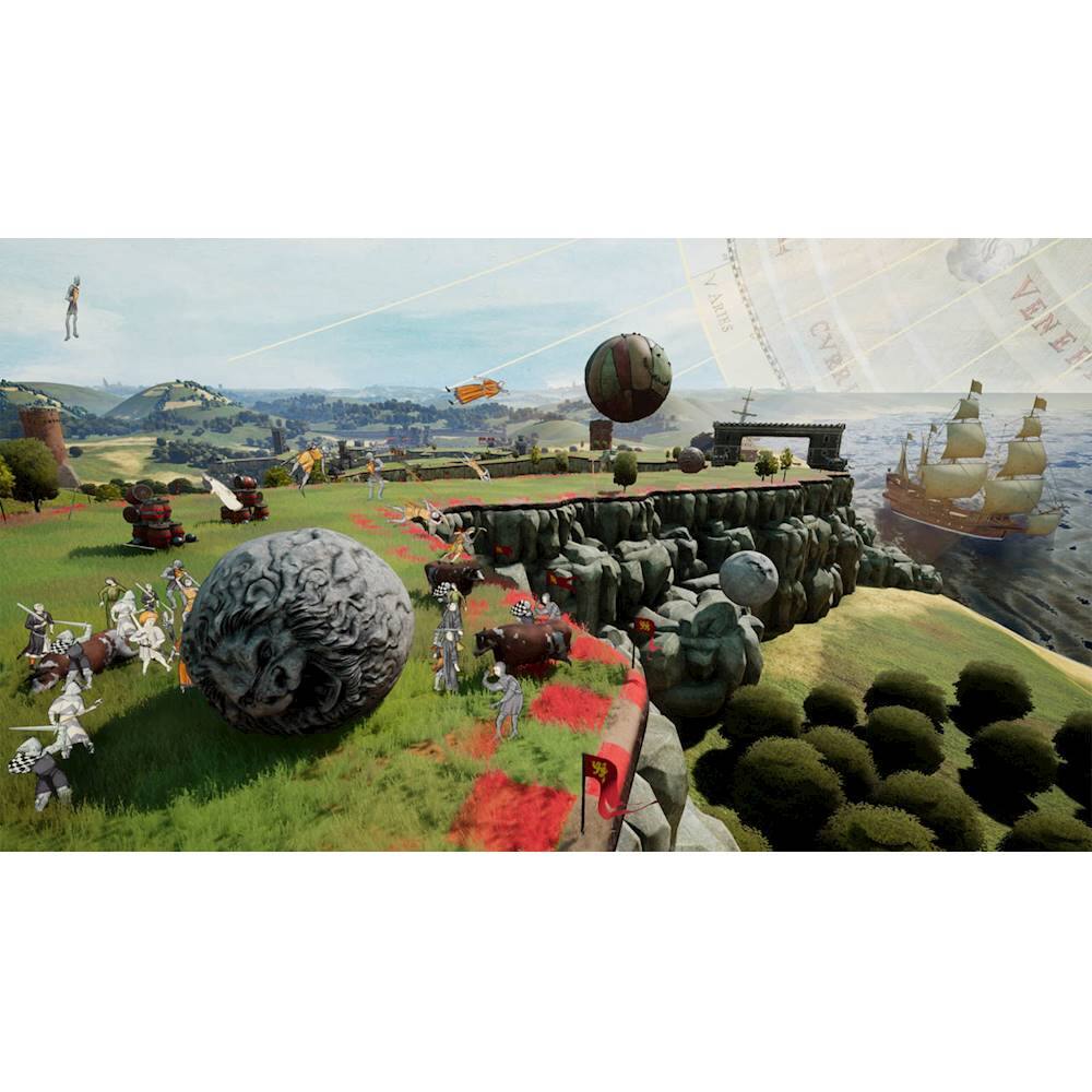 The image shows a group of people playing a game in a field with a variety of objects, including sports balls and a boat. The scene appears to be a mix of a video game and a real-life gathering. The people are scattered throughout the field, with some closer to the foreground and others further in the background. The sports balls are located in different areas of the field, with some near the people and others more distant. The boat is situated near the right edge of the image, adding an interesting element to the scene.