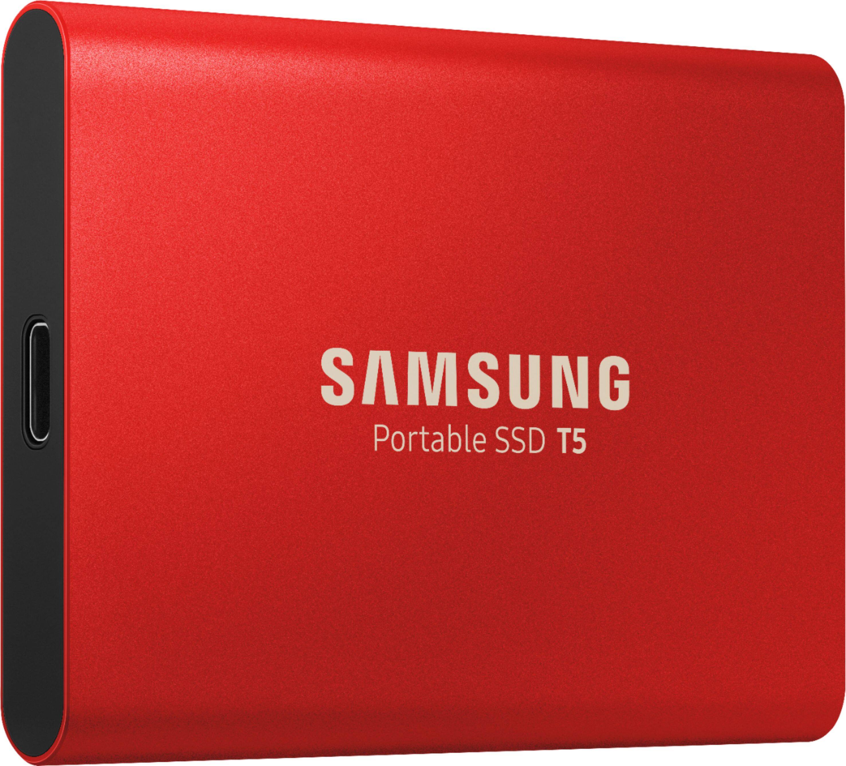 Angle. Samsung - Geek Squad Certified Refurbished T5 500GB External USB Type C Portable Solid State Drive - Metallic Red.