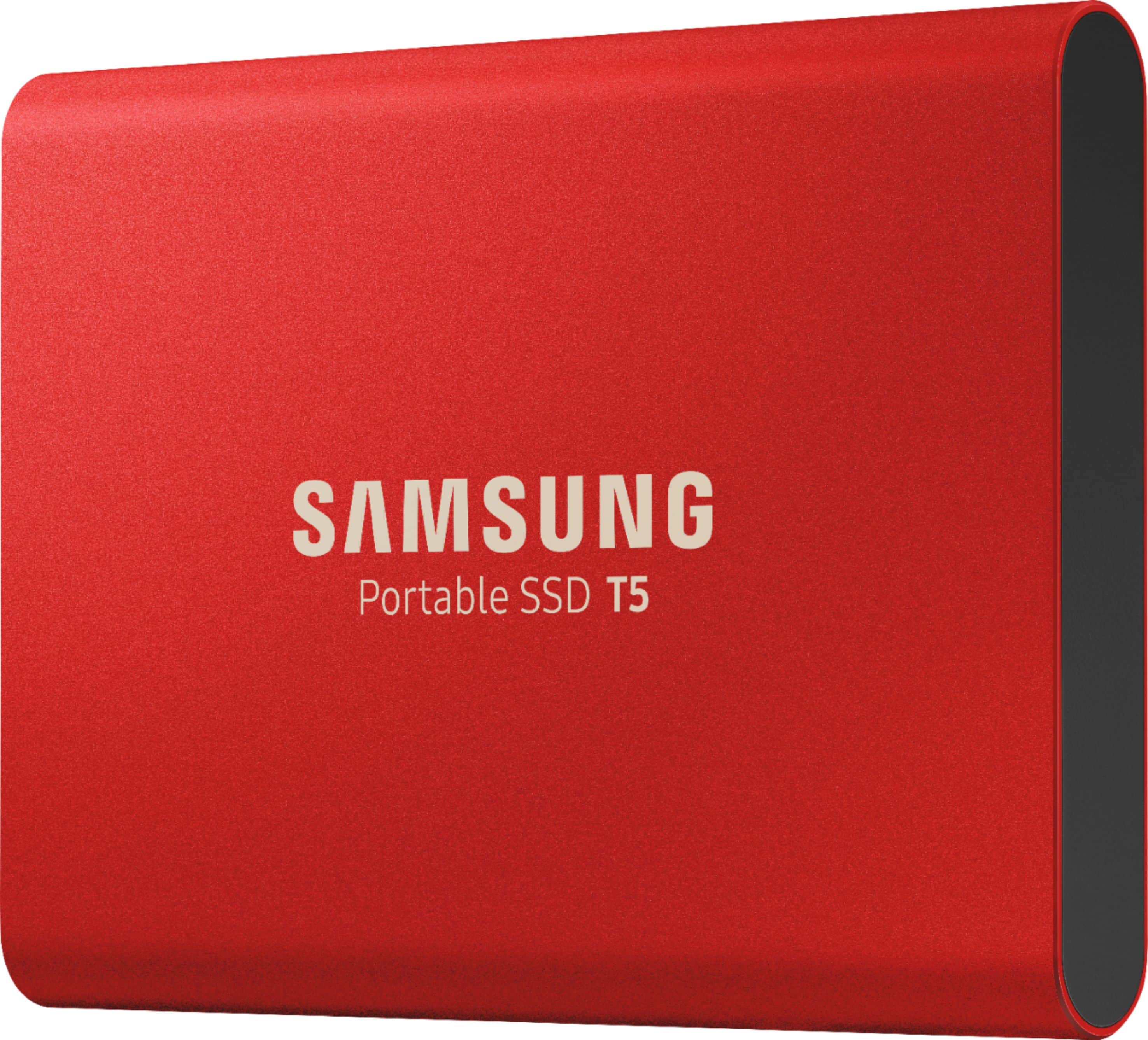 Left. Samsung - Geek Squad Certified Refurbished T5 500GB External USB Type C Portable Solid State Drive - Metallic Red.