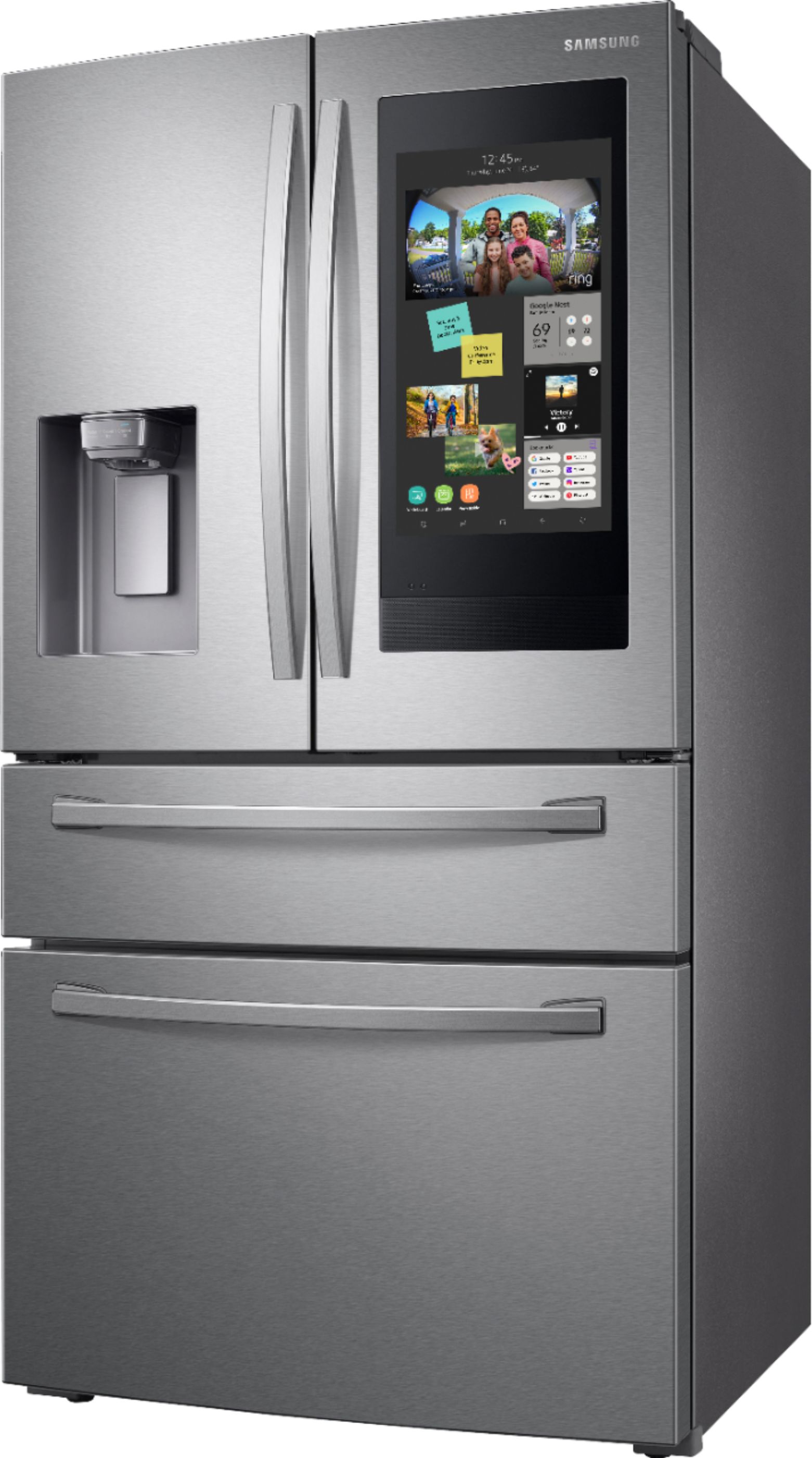 Angle View: Samsung - Family Hub 27.7 Cu. Ft. 4-Door French Door  Fingerprint Resistant Refrigerator - Stainless steel