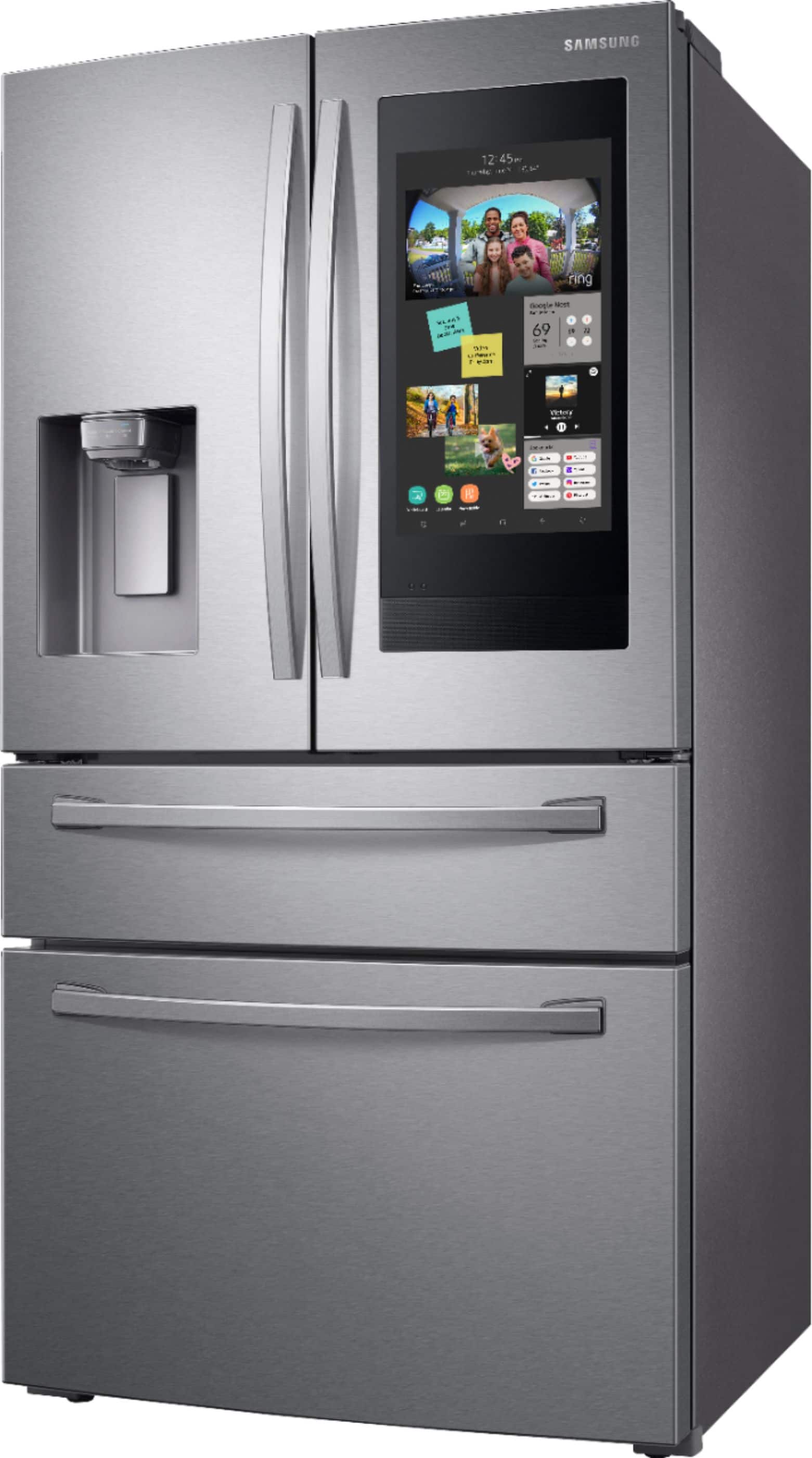 Angle. Samsung - 27.7 cu. ft. 4-Door French Door Smart Refrigerator with Family Hub - Stainless Steel.