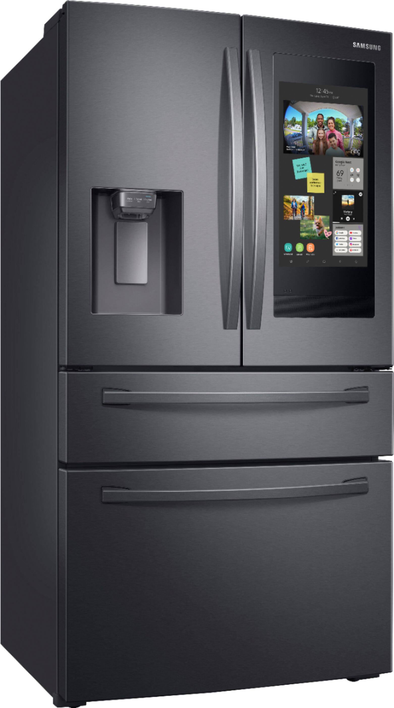 Angle. Samsung - Family Hub 27.7 Cu. Ft. 4-Door French Door  Fingerprint Resistant Refrigerator - Black stainless steel.