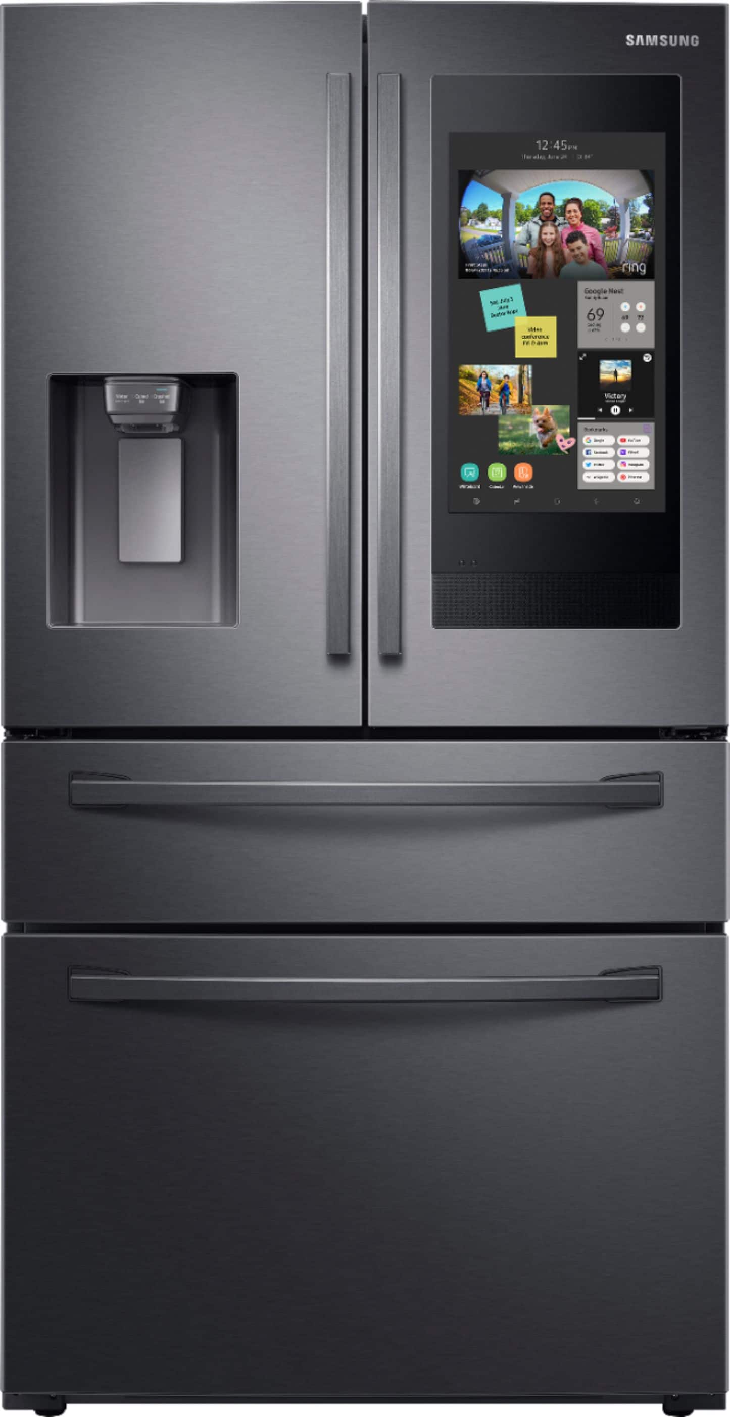 Front. Samsung - Family Hub 27.7 Cu. Ft. 4-Door French Door Fingerprint Resistant Refrigerator - Black stainless steel.