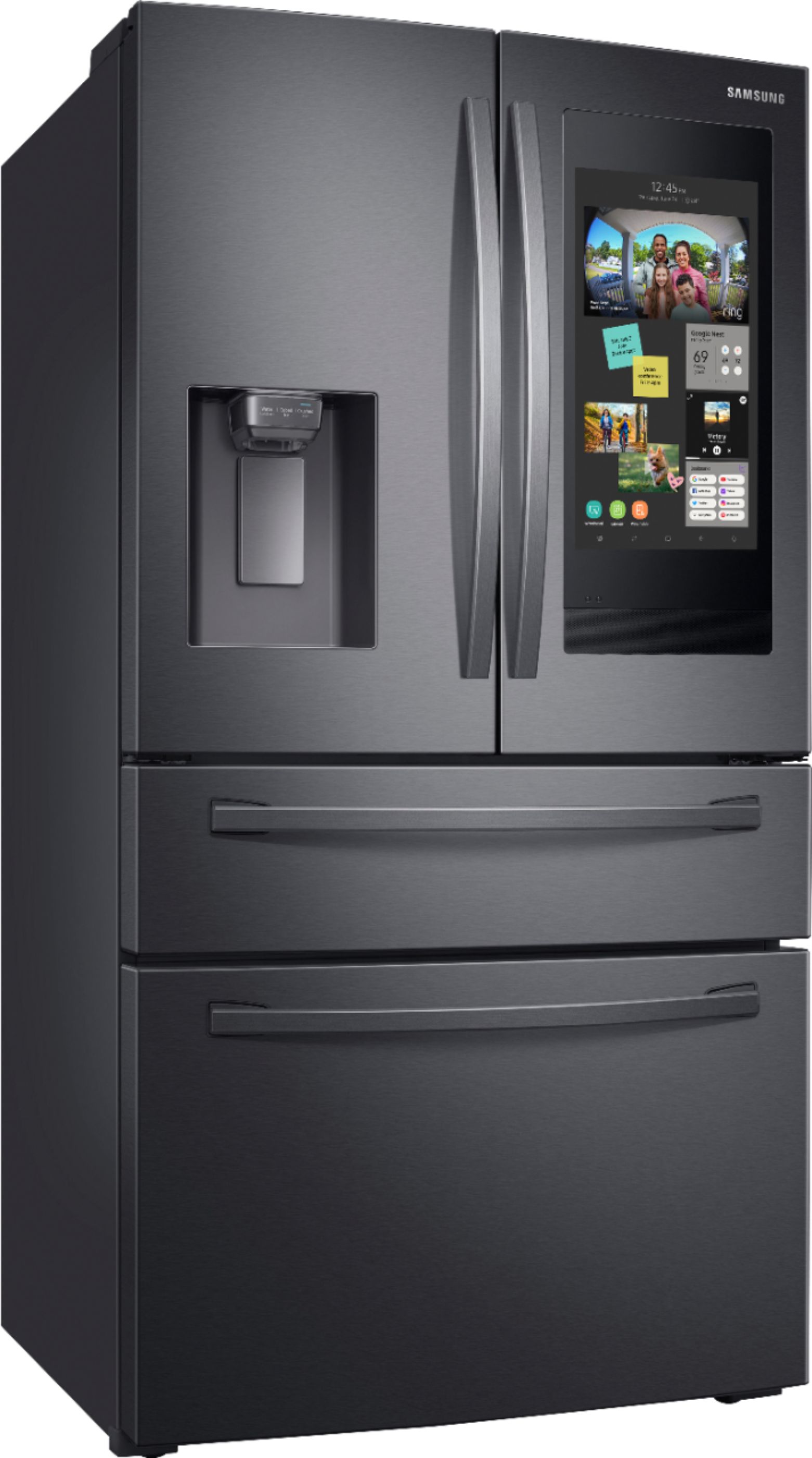 Angle View: Samsung - Family Hub 22.2 Cu. Ft. 4-Door French Door Counter-Depth Fingerprint Resistant Refrigerator - Black stainless steel