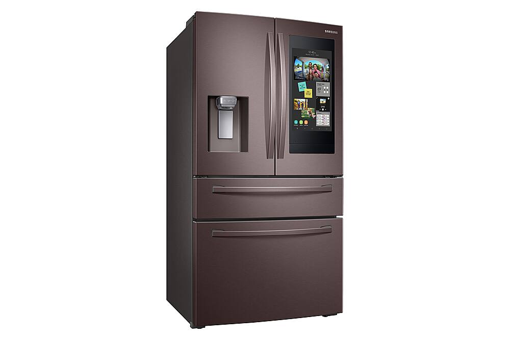 Angle. Samsung - 27.7 cu. ft. 4-Door French Door Smart Refrigerator with Family Hub - Tuscan Stainless Steel.