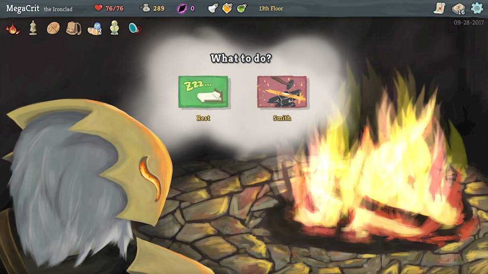 The image shows a character sitting in front of a fire, with a thought bubble above their head. The thought bubble contains the text "What to do?". The character is also holding a book, which might be related to their thoughts.