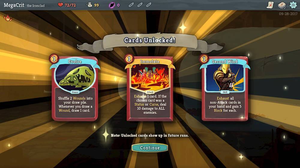 The image features a game screen with four cards displayed, each with a unique design. The largest text on the screen reads "Cards Unlocked!" and is accompanied by a date of September 28, 2017. The image also shows a game character, MegaCrit the Ironclad, with a 72/72 score. The game appears to be a card-based game, and the unlocked cards will be available for future runs.
