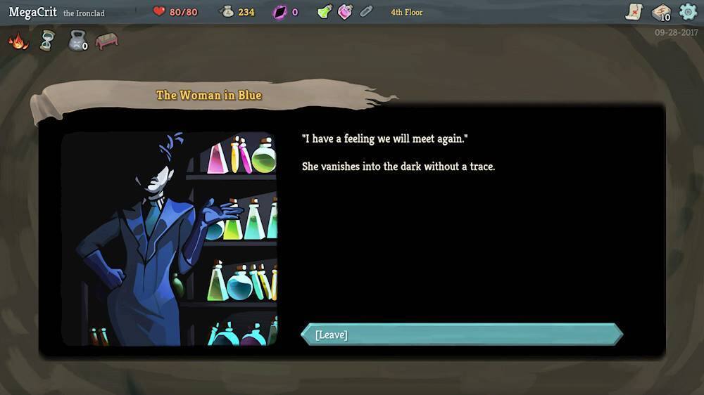 The largest text reads "The Woman in Blue." The following text is cleaned up to read: "I have a feeling we will meet again." She vanishes into the dark without a trace. [Leave].