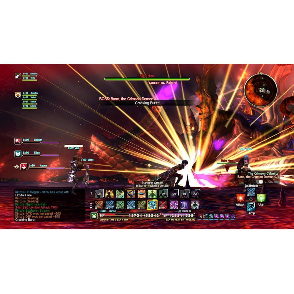 The image shows a video game with a character named Kirito, who is bleeding and has a low health percentage. The game is set in a dark environment, and the character is surrounded by other characters. The game screen displays a variety of information, including the character's health, attack, defense, and experience points. Additionally, there are various items and abilities listed, such as Starburst Stream, Cracking Burst, and Combo Attack. The game appears to be a role-playing game, with the player controlling the character Kirito as they navigate through the challenging environment.