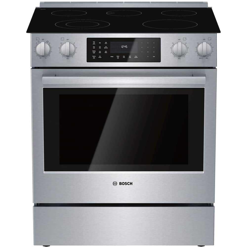 Front. Bosch - 800 Series 4.6 Cu. Ft. Slide-In Electric Convection Range with Self-Cleaning - Stainless steel.
