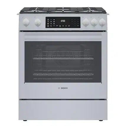 Front. Bosch - 800 Series 4.6 Cu. Ft. Slide-In Dual Fuel Convection Range with Self-Cleaning - Stainless steel.