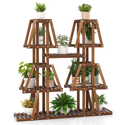 Front. Gymax - Gymax 5-Tier Wood Plant Stand 10 Pots Plant Display Rack Tall Corner Plant Organizer - Brown.