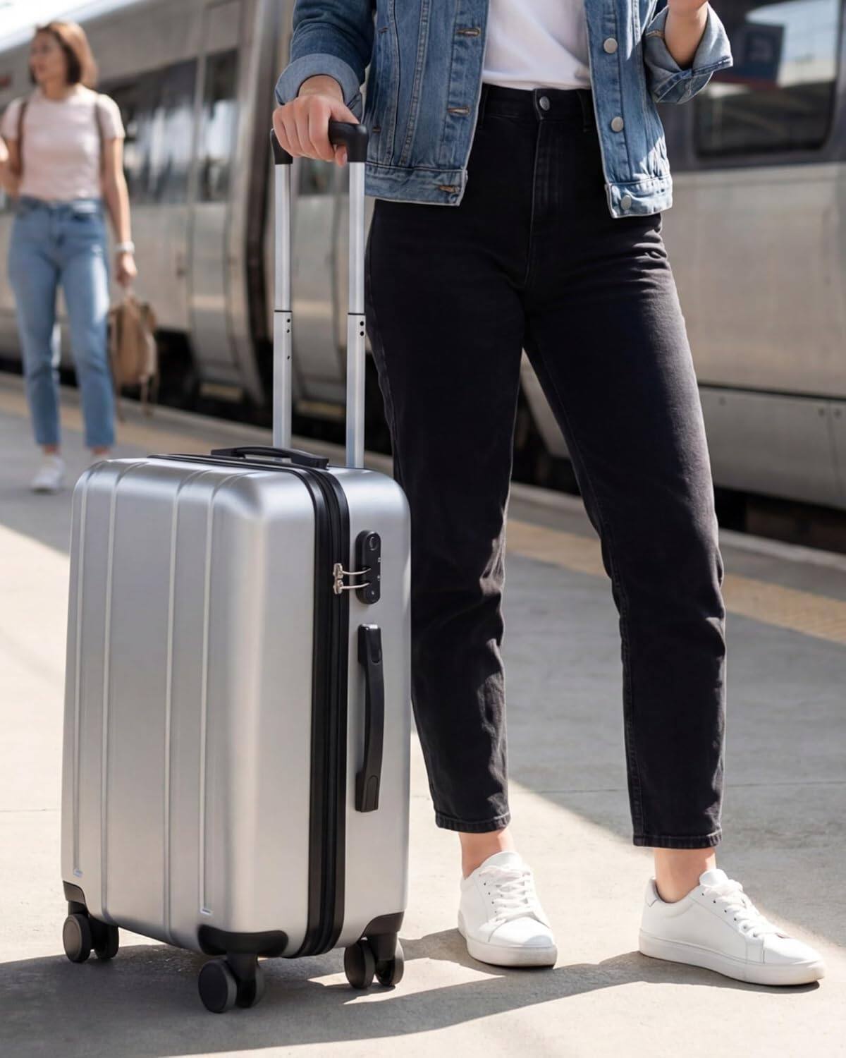 Angle. LUGGEX - LUGGEX 20 Inch Carry On Luggag Airline Approved, 100% PC Hard Shell Travel Suitcase with Smooth Spinner Wheels - LX-EX - Silver.