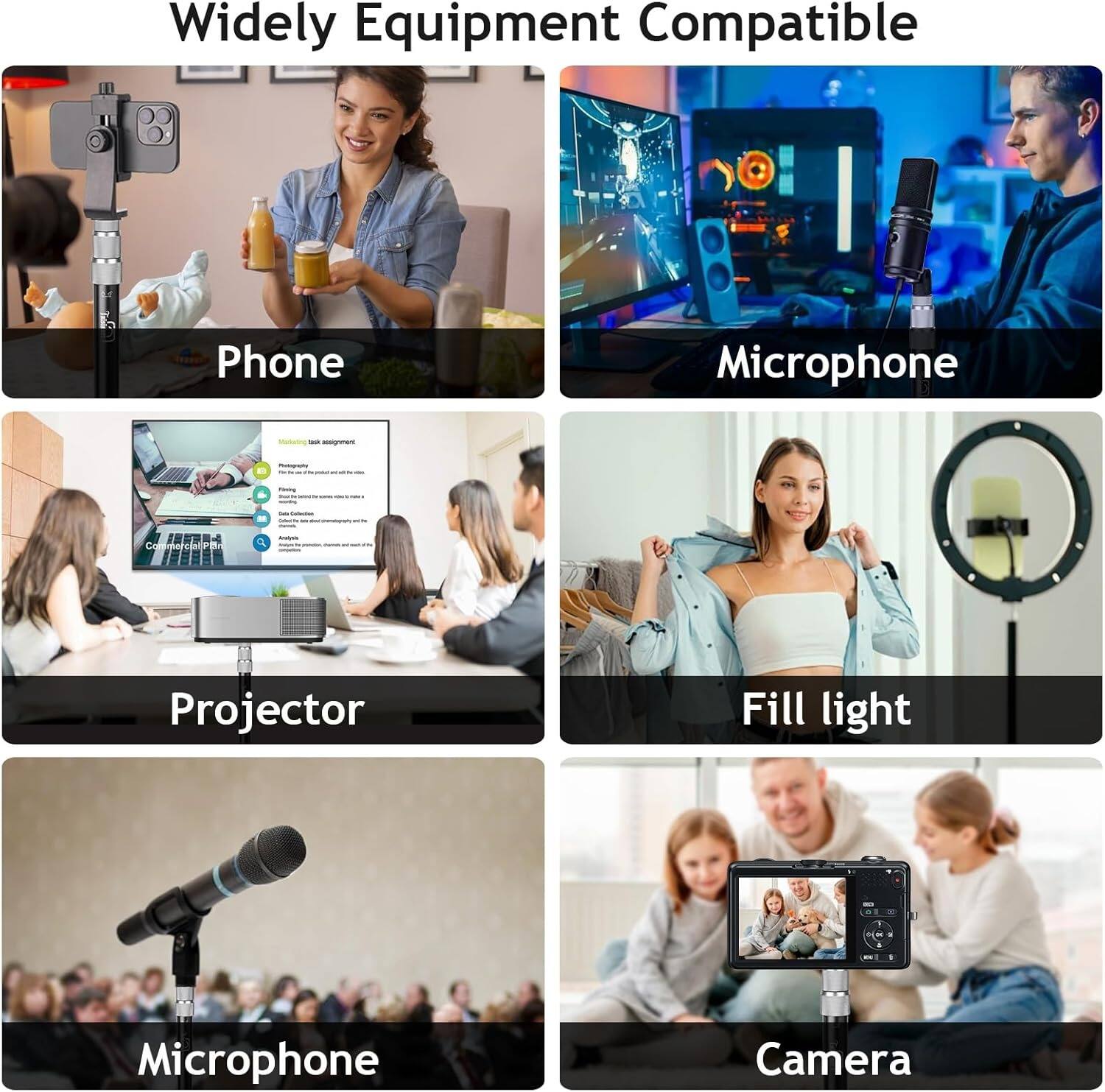 Widely Equipment Compatible

- Phone
- Microphone
- Projector
- Fill light
- Microphone
- Camera