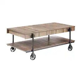 Manhattan Lane - Loak 47 Inch Coffee Table, Brown Plank Top, Bottom Shelf, Wheels - Black/Gray