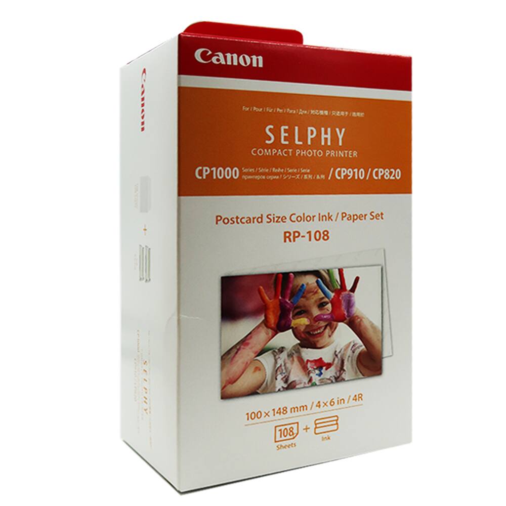 Canon SELPHY COMPACT PHOTO PRINTER  
Series CP1000 / CP910 / CP820  

Postcard Size Color Ink / Paper Set RP-108  

100 x 148 mm / 4x6 in / 4R  

108 Sheets + Ink