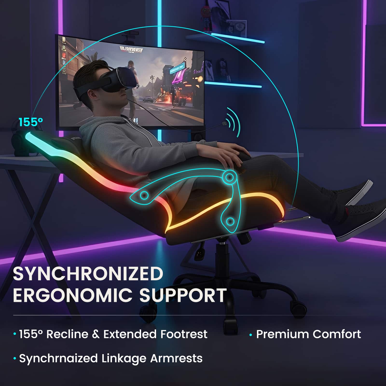 SYNCHRONIZED ERGONOMIC SUPPORT
- 155° Recline & Extended Footrest
- Synchronized Linkage Armrests
- Premium Comfort