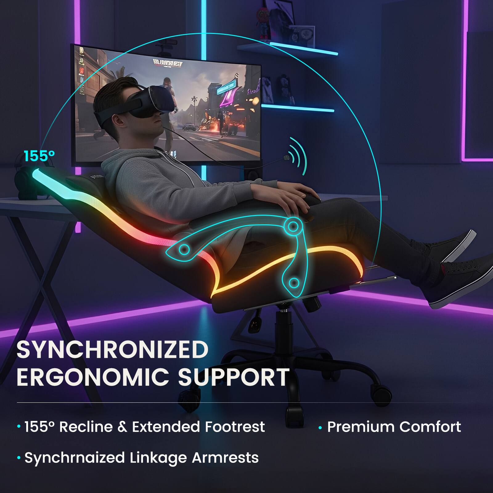 SYNCHRONIZED ERGONOMIC SUPPORT

- 155° Recline & Extended Footrest
- Synchronized Linkage Armrests
- Premium Comfort