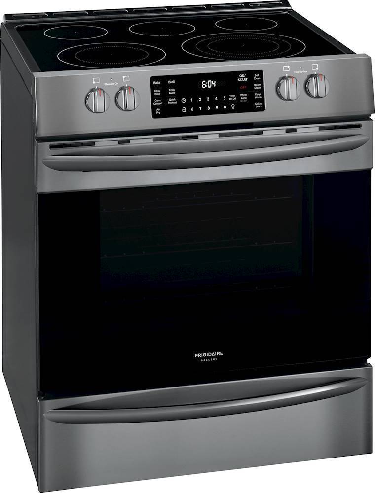 Angle. Frigidaire - Gallery 5.4 Cu. Ft. Freestanding Electric Air Fry Range with Self and Steam Clean - Black Stainless Steel.