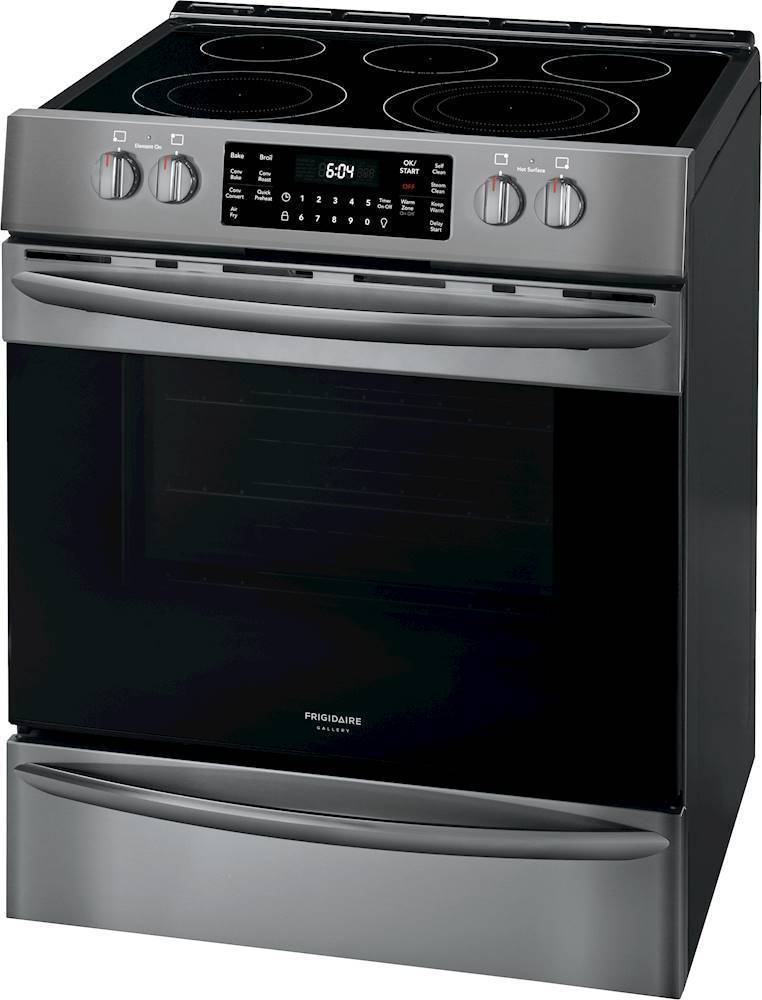 Left. Frigidaire - Gallery 5.4 Cu. Ft. Freestanding Electric Air Fry Range with Self and Steam Clean - Black Stainless Steel.