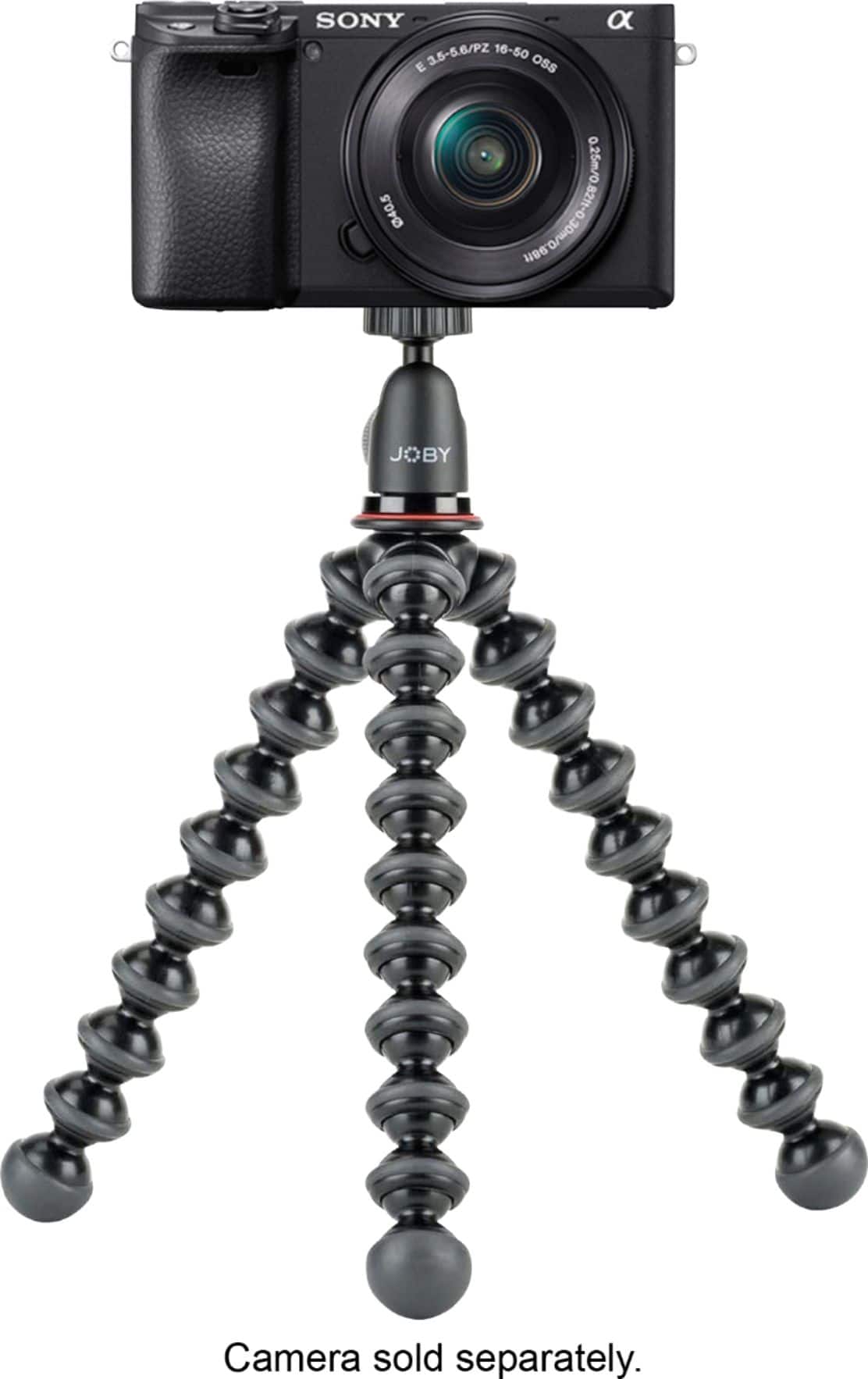 The image features a Sony camera with a Joby tripod. The camera is mounted on the tripod, which is designed to provide stability and support for the camera. The tripod has a black and silver color scheme, and it is equipped with a ball head for easy adjustment of the camera's position. The camera is positioned at the top of the tripod, ready for use.